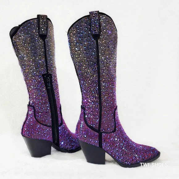 Western Glow Multi Purple Ombre Rhinestone Disco Cowgirl Knee Boots - Picture 6 of 17